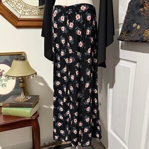 VTG 90s Krush of California Black & Pink Floral Pattern Ribbed Button Maxi Skirt